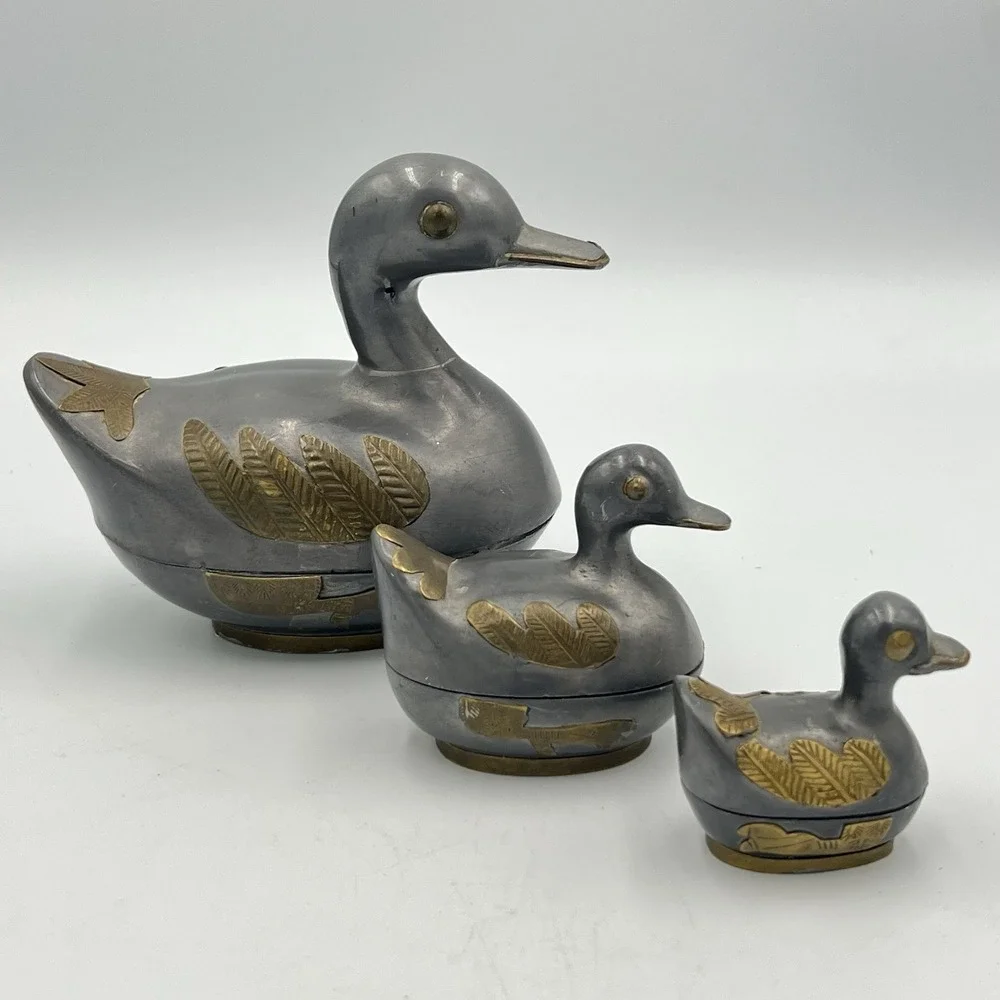 Vintage‎ Pewter Brass Nesting Duck Trinket Boxes Set of 3 Made in Hong Kong